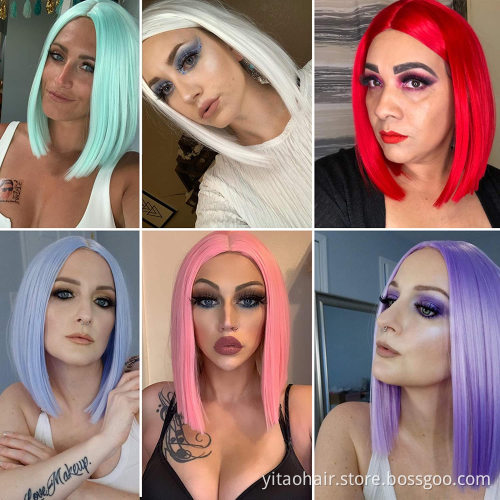 Short Bob Hair Wigs Straight  Wine Red Hair with Bangs Synthetic Colorful Cosplay Daily Party Wig for Women Natural As Real Hair